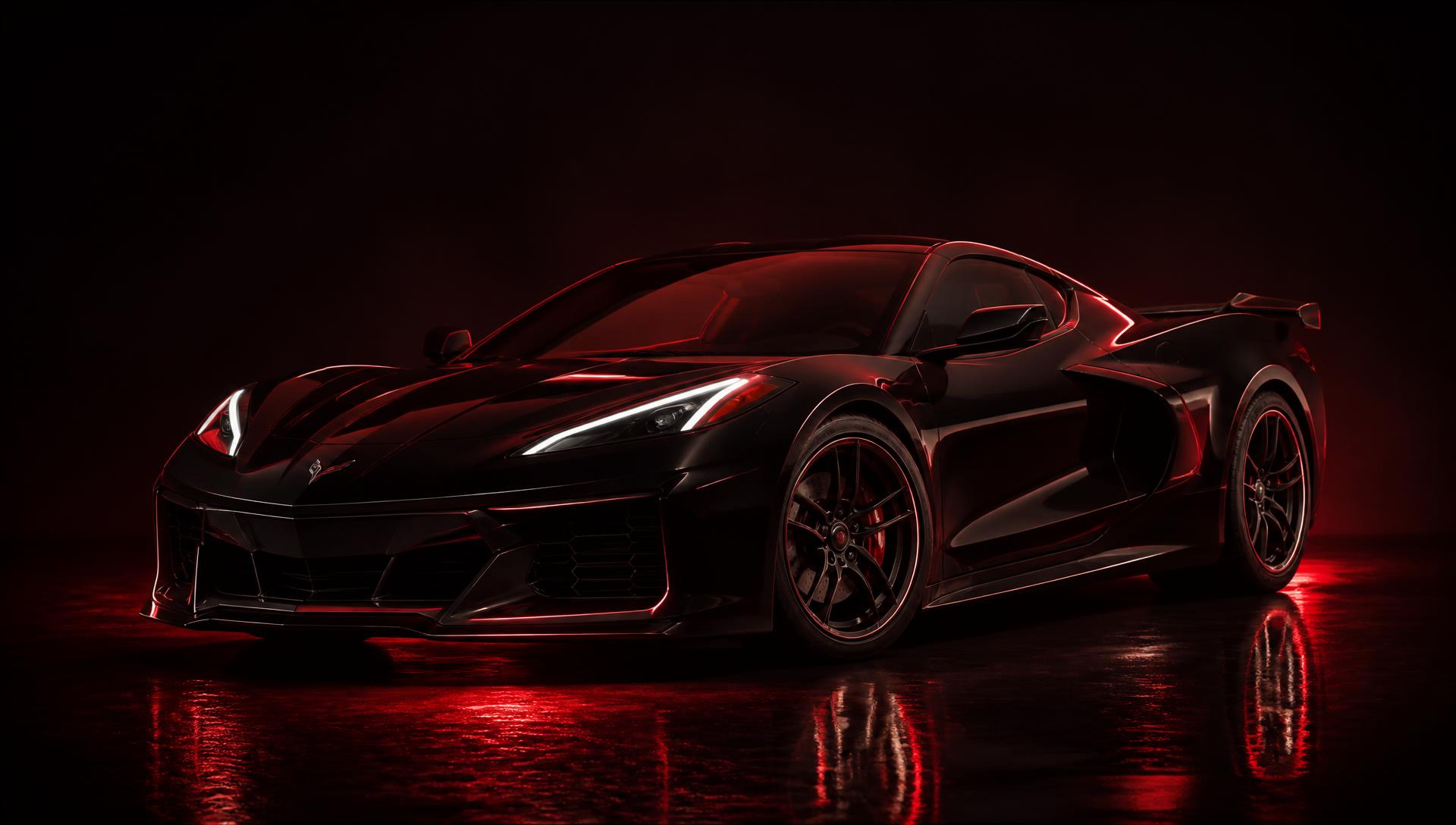 Black Chevrolet Corvette Z06 lit with red rim light in a dark studio